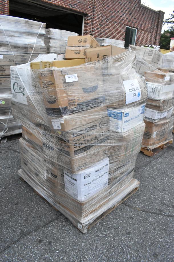 Pallet of 32 brand new items including produce baskets, paper bags, lids, containers, spoons. Visible box labels detail contents.