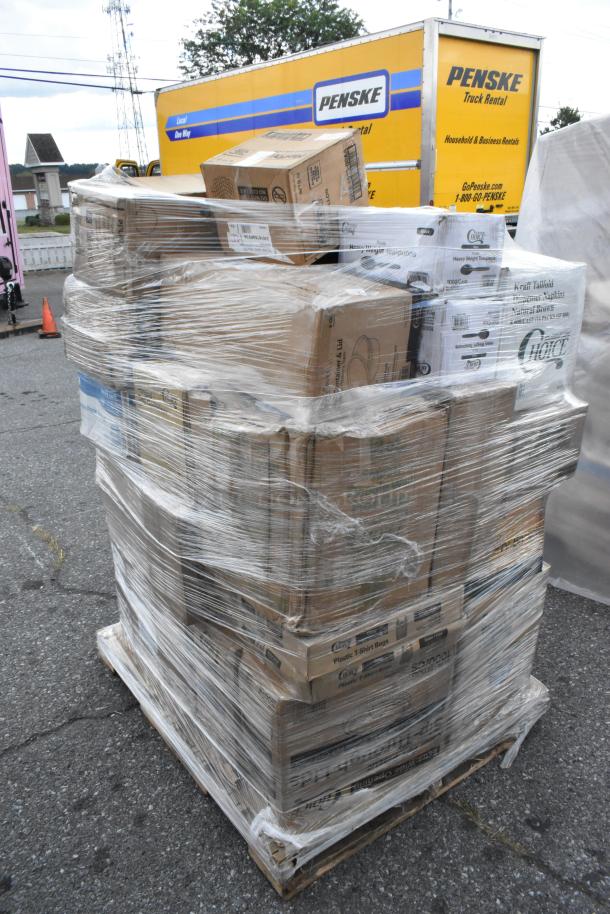 Pallet of 32 new, scratch and dent items, including produce baskets, paper bags, and containers. Wrapped in plastic.