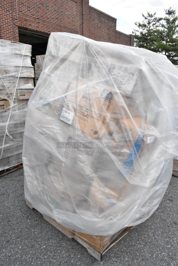 Pallet with 30 scratch and dent items, including napkins, plates, cups, containers, and trash bags, wrapped in plastic.