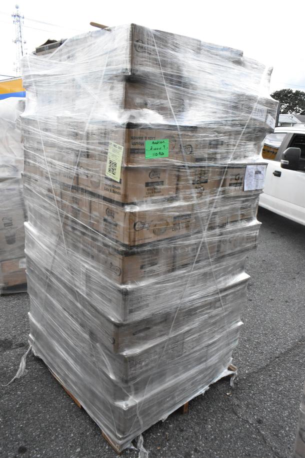 114 brand new scratch and dent boxes of Choice wide mouth lids and bands, 48 per pack, shrink-wrapped on a pallet.