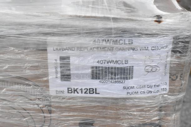 114 boxes of Choice Wide Mouth Lid and Bands for canning jars, scratch and dent, 48/pack. Labeled 407WMCLB, pallet wrapped.