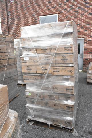 Pallet with 114 boxes of Choice Wide Mouth Lids and Bands for canning jars, scratch and dent condition, wrapped in plastic.