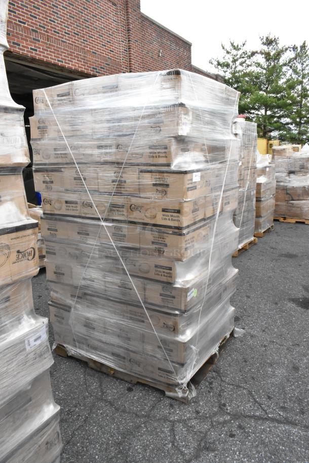 Pallet of 114 boxes of Choice wide mouth canning lids and bands, shrink-wrapped and in new, scratch and dent condition.