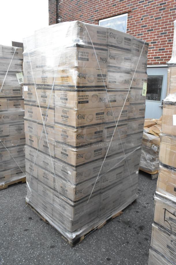 99 new scratch and dent Choice wide mouth lids and bands, 48 packs per box, pallet wrapped, for canning/mason jars.