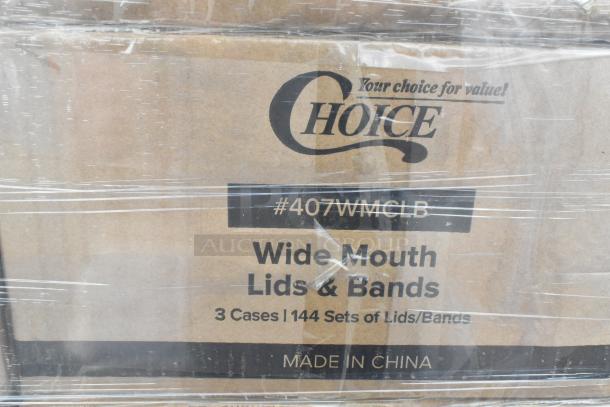 99 boxes of Choice Wide Mouth Lids and Bands, 48/pack, new scratch and dent condition, model #407WMCLB, made in China.