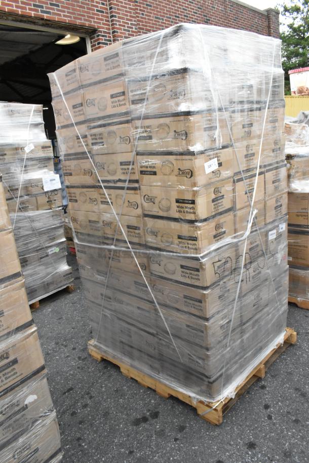 Pallet of Choice wide mouth lid and bands for canning jars, 99 boxes new, some scratch and dent, wrapped in plastic.