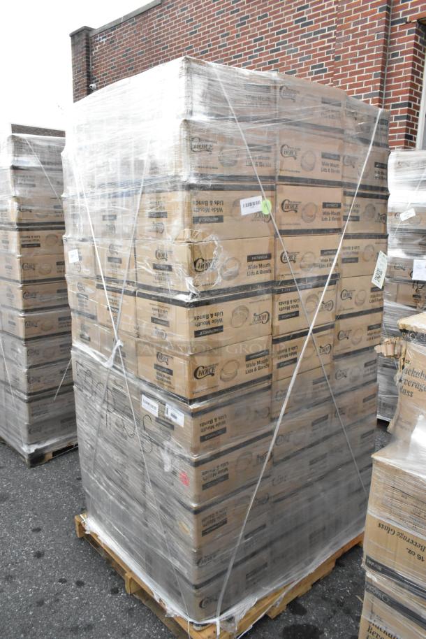 Pallet of 99 boxes of Choice Wide Mouth Lid and Bands for canning jars, wrapped in plastic. New, 48 packs per box.
