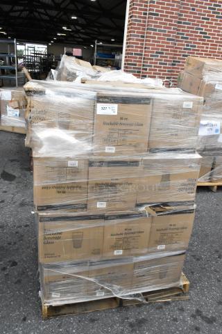 39 unopened boxes of Acopa Rivulet 14 oz. stackable beverage glasses, stacked on a pallet, shrink-wrapped.