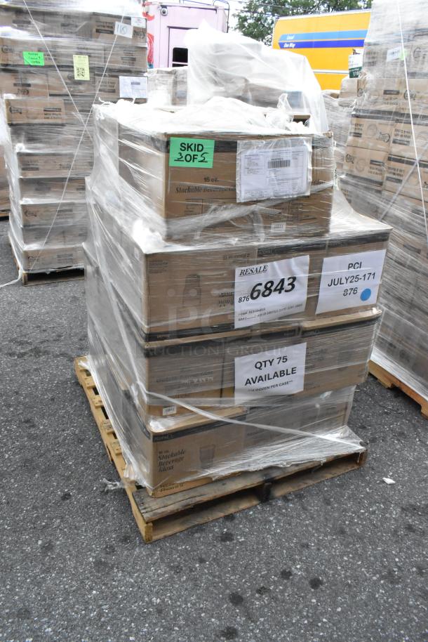 39 boxes of Acopa Rivulet 14 oz. stackable beverage glasses on a pallet, marked for resale, in original packaging.