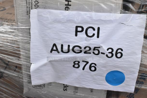 Plastic-wrapped pallet of brand new scratch and dent items with visible sheet labeled "PCI AUG25-36 876" and a blue dot.