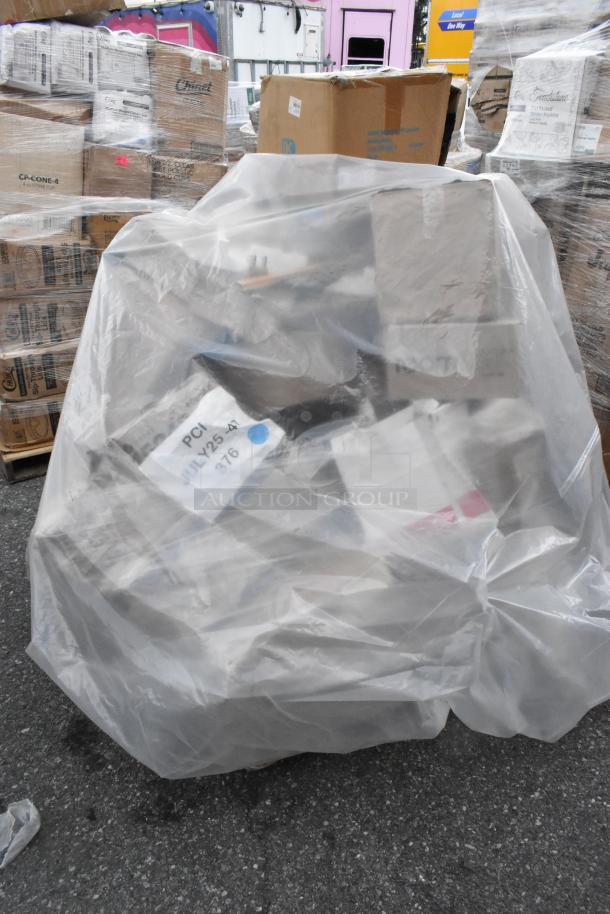 Bundle of 20 brand new scratch-and-dent items including lids, charger plate, equipment stand, casters, wine glasses, drip tray.