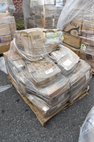 Pallet of 23 assorted kitchen items in original packaging, some boxes dented. Includes glasses, stock pot, air pot, plates, casters.