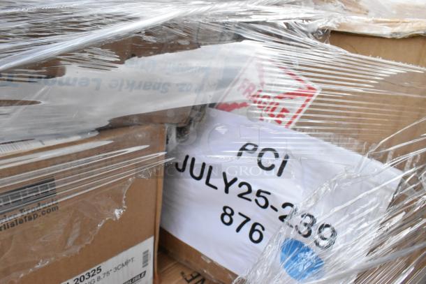 23-item lot wrapped in plastic, including glasses, stock pot, air pot, and plates. Boxes labeled "Fragile" and "JULY25-239."