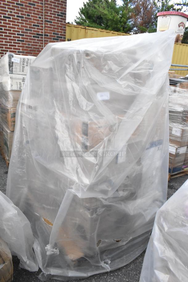Pallet with 28 assorted scratch and dent items; includes containers, plates, bags, cups, gloves. Items covered with plastic wrap.