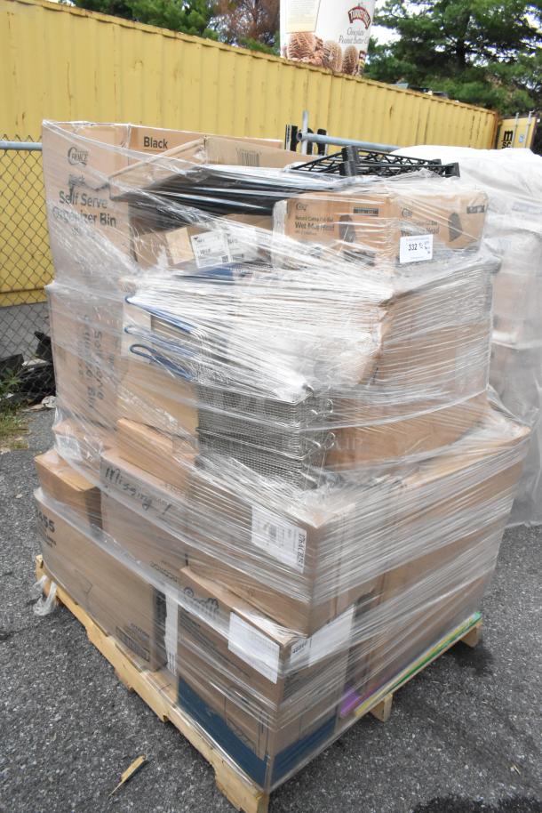 Pallet of 36 new scratch and dent items, including beverage dispenser, plates, mason jars, mop heads, shelves, mirror.