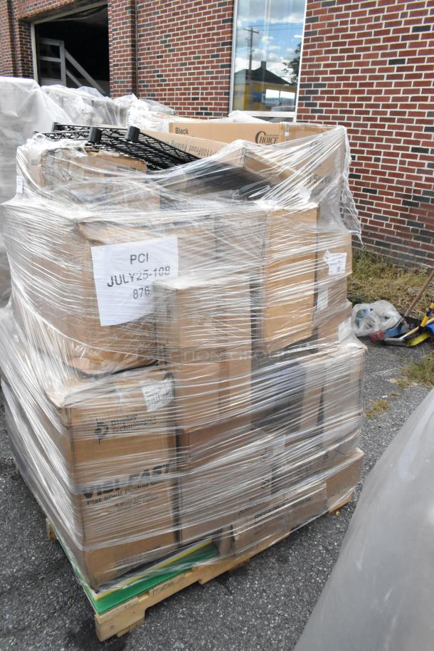 Pallet of 36 brand new scratch and dent items, including beverage dispenser, plates, mason jars, mop heads, shelves, mirror.