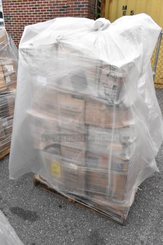 Pallet wrapped in plastic containing 35 scratch and dent items, including boxes of trash bags, plates, lids, containers, and cups.