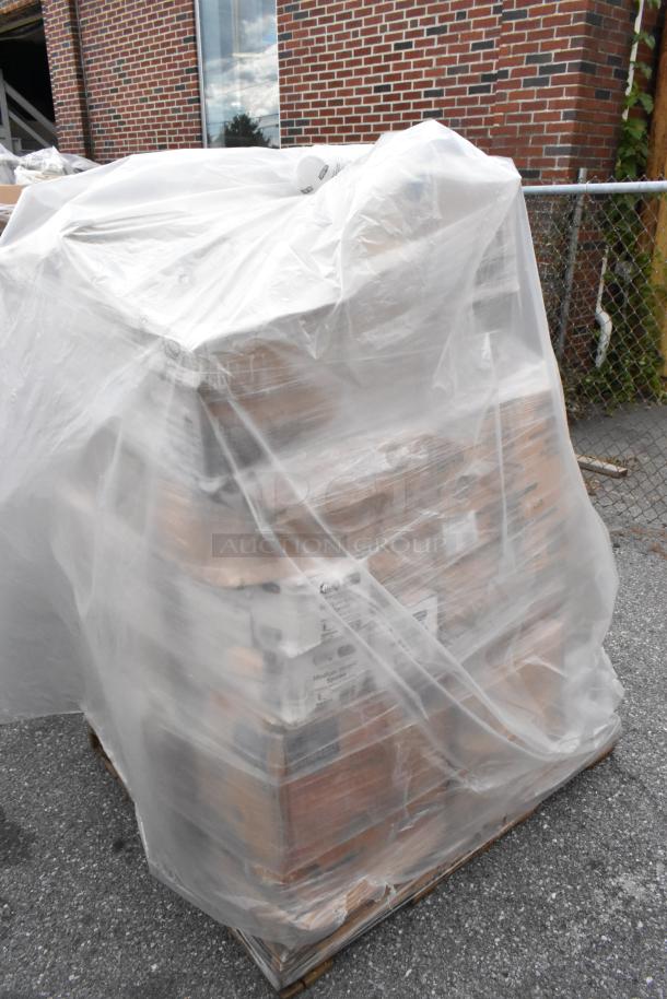 Plastic-wrapped pallet with 35 new scratch and dent items, including trash bags, plates, containers, and cups.