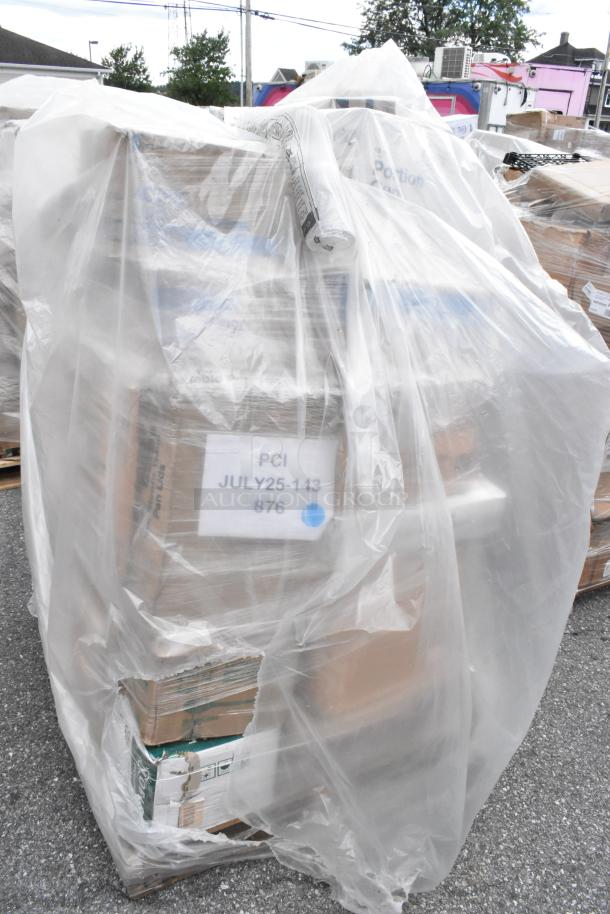 35 new scratch and dent household items including trash bags, plates, lids, cups. Wrapped in plastic. Label reads "PCI JULY25-143 876".