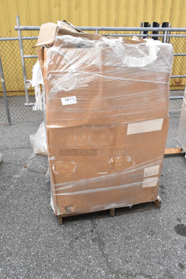 Large cardboard box on pallet, wrapped in plastic, labeled "334," containing 20 new scratch and dent items: stanchion, shelves.