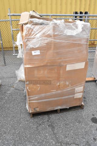 Large cardboard box on pallet, wrapped in plastic, labeled "334," containing 20 new scratch and dent items: stanchion, shelves.