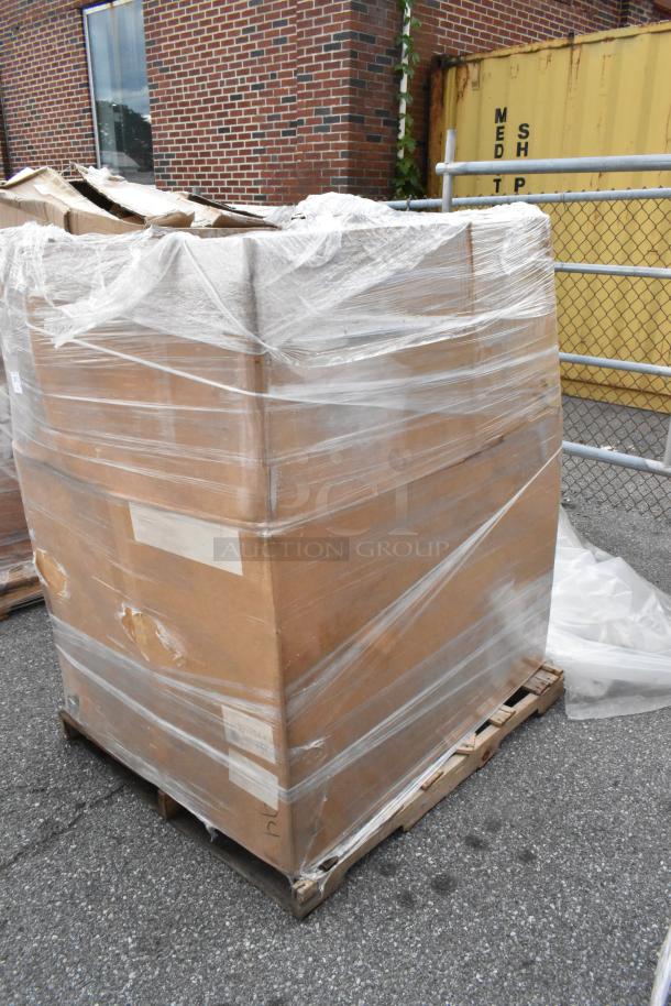 Large pallet with wrapped boxes, labeled "20 BRAND NEW SCRATCH AND DENT! Items," including stanchion and shelves.