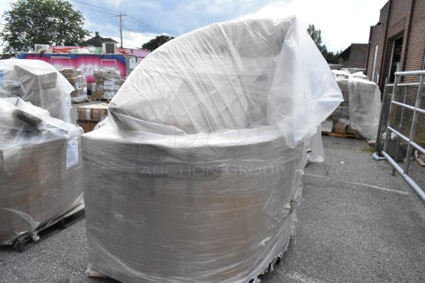 20 brand new scratch and dent items wrapped in plastic on pallets, including booths. Suitable for bulk purchase.