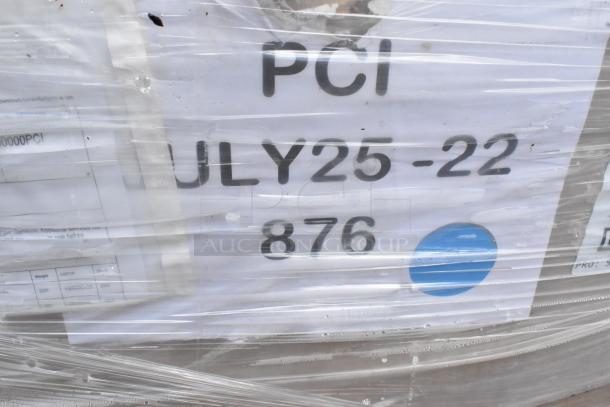 Stack of wrapped items with visible label reading "PCI JULY25-22 876." Scratches and dents possible. Contains booths.