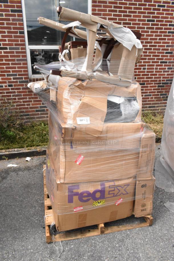 Pallet of 12 brand new scratch and dent chair frames, 164CUSHMTLDG model, cushioned metal in dark gray, wrapped for shipping.
