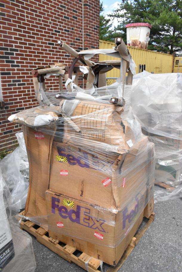 12 brand new scratch and dent chair frames, 164CUSHMTLDG model, cushion metal vinyl, dark gray, wrapped on a pallet.