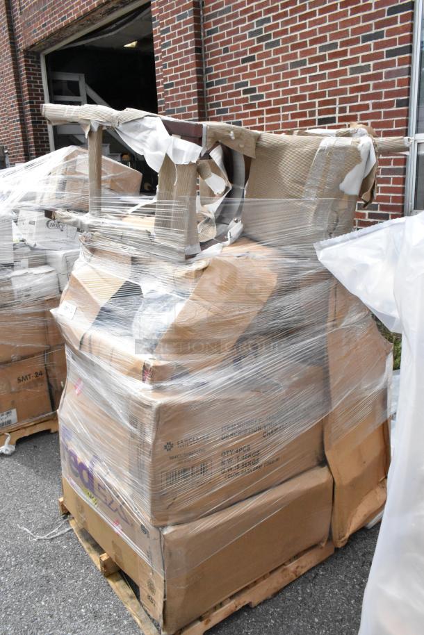 12 new scratch and dent chair frames, model 164CUSHMTLDG, dark gray vinyl, wrapped on a pallet.