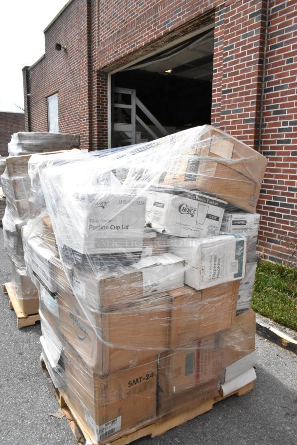 Pallet of boxed items, including towels, cups, gloves, napkins, foil, wrapped in plastic. Boxes labeled Choice, SMT-24.