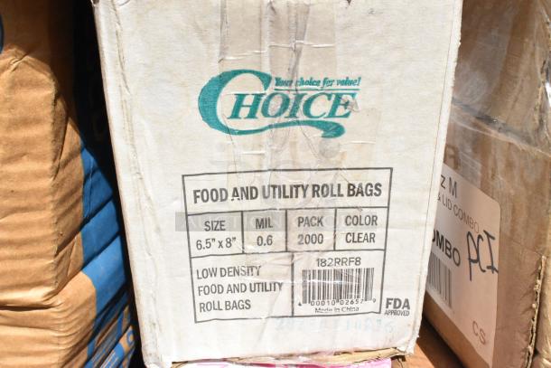 Box labeled "Choice" containing 2,000 low-density food and utility roll bags, size 6.5”x8”, clear color, barcode visible.