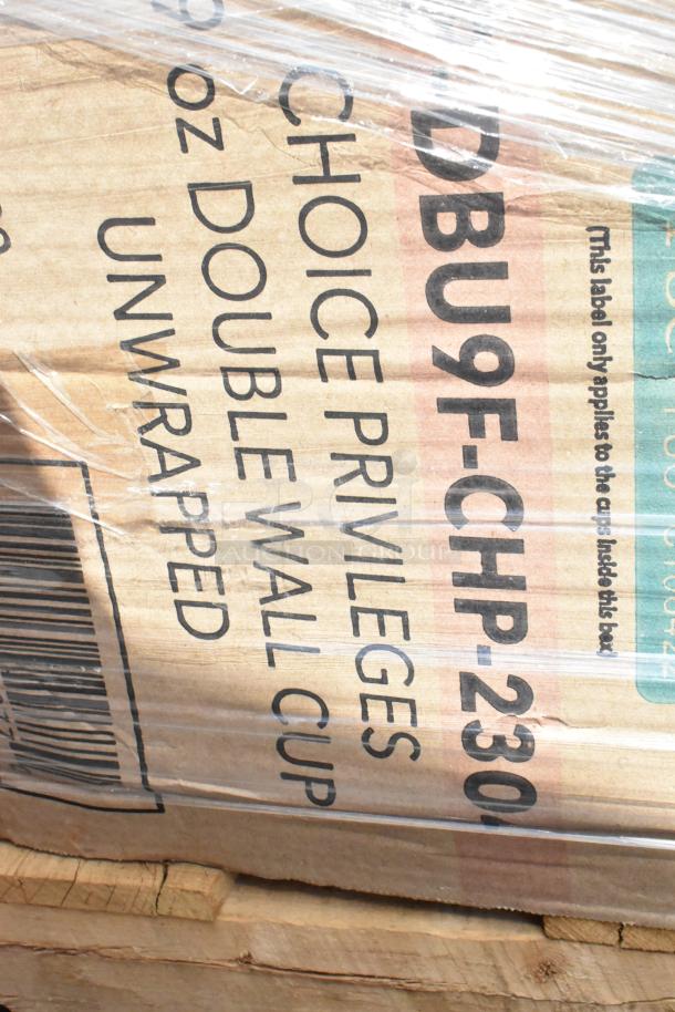 Box of Choice Privileges 20 oz double wall cups, labeled DBU9F-CHP-230, scratch and dent condition, wrapped in plastic.