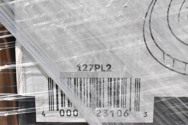Pallet of brand new scratch and dent items wrapped in plastic, showing label "127PL2" and barcode underneath.