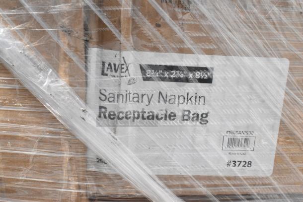 Pack of Lavex Sanitary Napkin Receptacle Bags sealed in plastic wrap. Dimensions 8¾" x 2¾" x 8½".