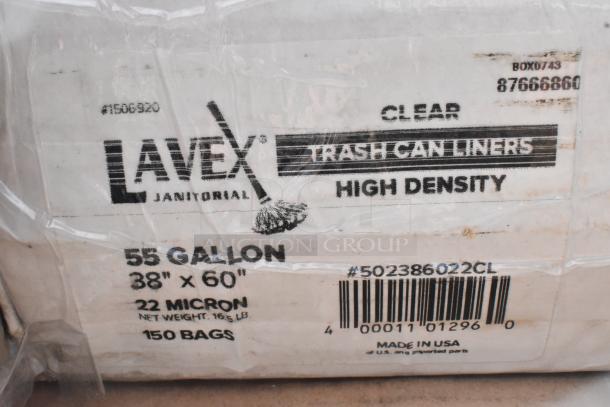 Lavex Janitorial high-density trash can liners, 55-gallon, 38"x60", 22 microns, 150 bags. Made in USA.