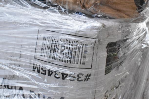 Plastic-wrapped pallet with boxed scratch and dent items, visible barcode and number: #354345W, includes various housewares.