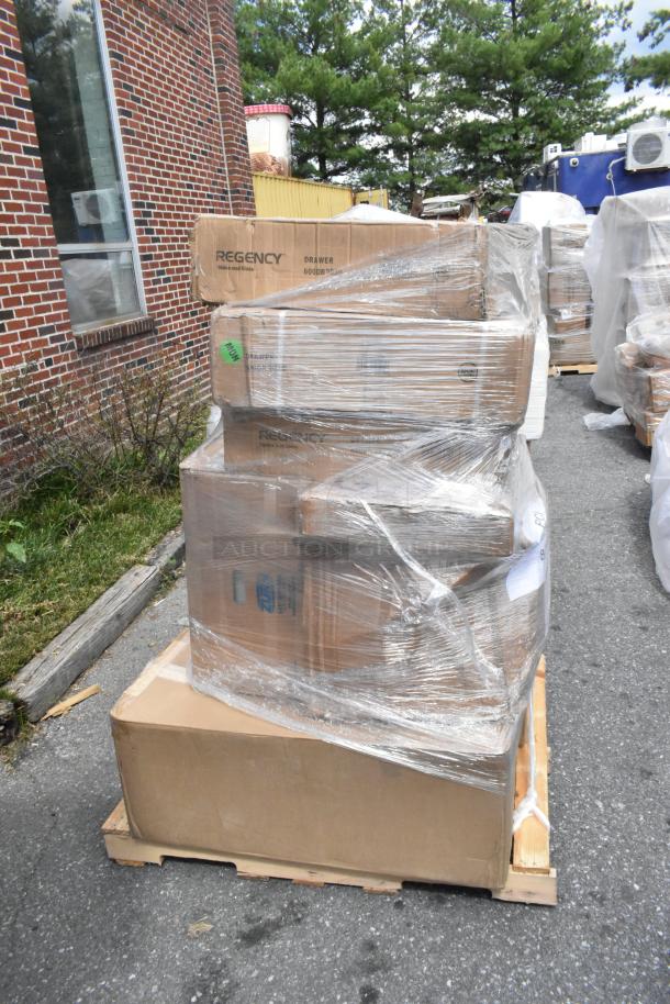Pallet of 8 brand new scratch and dent items wrapped in plastic, featuring Regency branded boxes. Includes cheese melter, mop sink, stanchion.