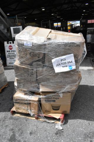 Pallet of 25 scratch and dent items, including cold cups, lids, plates, trash bags; brand new, packaged in boxes.