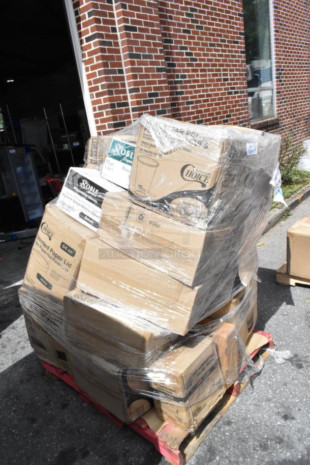 Pallet of 25 brand new scratch and dent items, including Noble gloves and Choice lids, wrapped in plastic.