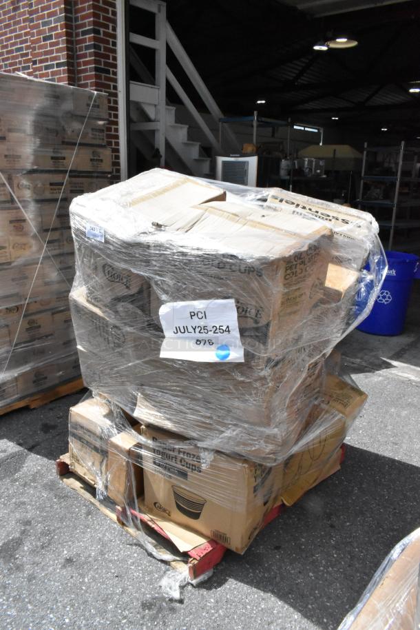 Pallet of brand new scratch and dent items, including cold cups, plates, lids, and more. Wrapped with label: "PCI JULY25-254".