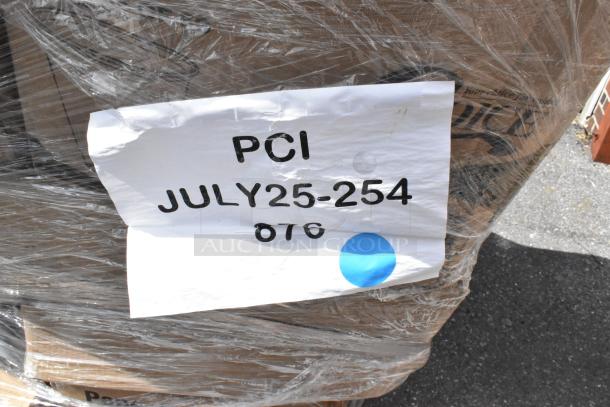 Pallet labeled "PCI JULY25-254" wrapped in plastic, containing assorted new, scratch and dent items like cups and gloves.