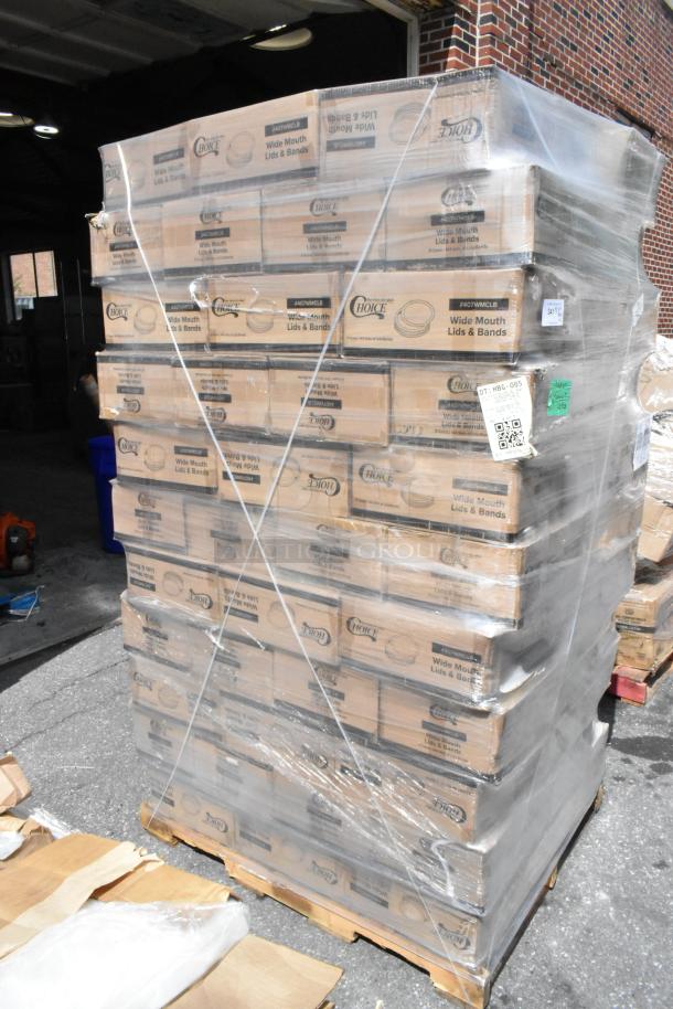 Pallet of 115 brand new scratch and dent boxes of Choice wide mouth lids and bands, 48 per pack, shrink-wrapped for auction.