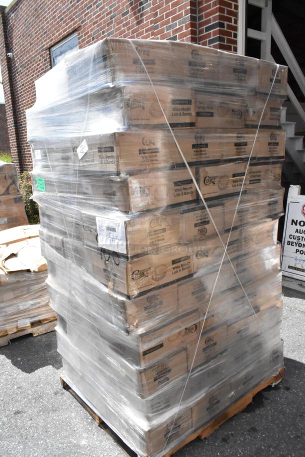 115 new boxes of Choice Wide Mouth Lid and Bands for canning jars, 48 per pack, on a pallet, wrapped for auction.