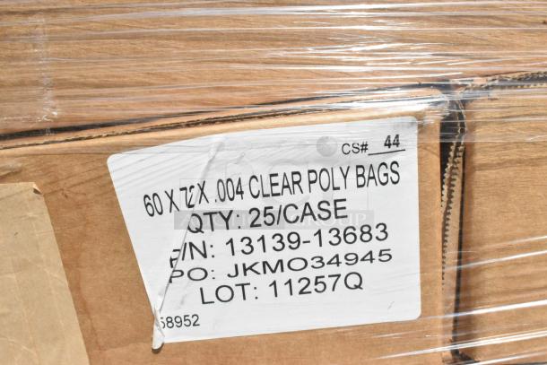 Cardboard box with a label reading "60x72x.004 Clear Poly Bags, Qty: 25/Case, FIN: 13139-13683, PO: JKMO34945, Lot: 11257Q."