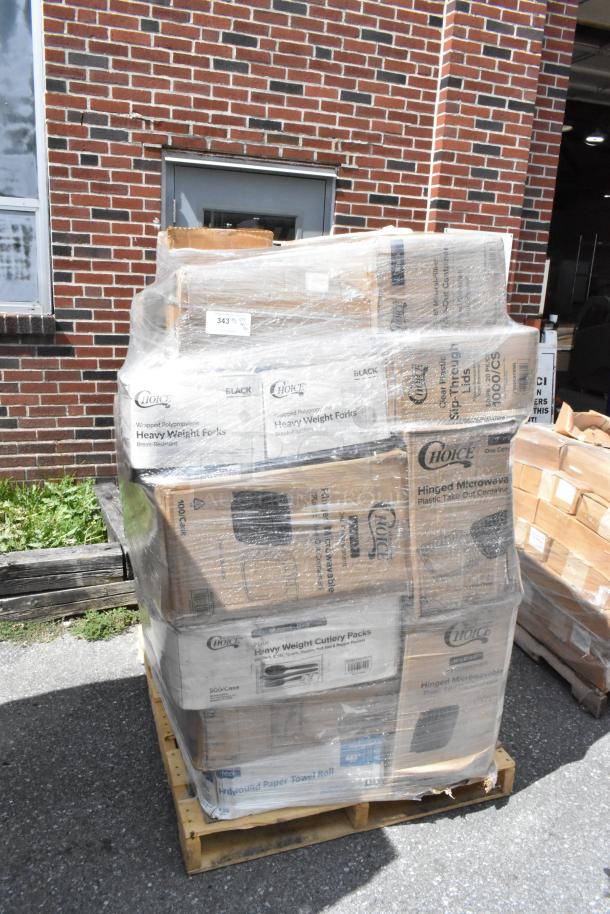 Pallet of 30 scratch and dent items, including Choice lids, cutlery, and containers, wrapped in plastic for auction.