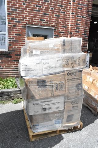 Pallet of 30 scratch and dent items, including Choice lids, cutlery, and containers, wrapped in plastic for auction.