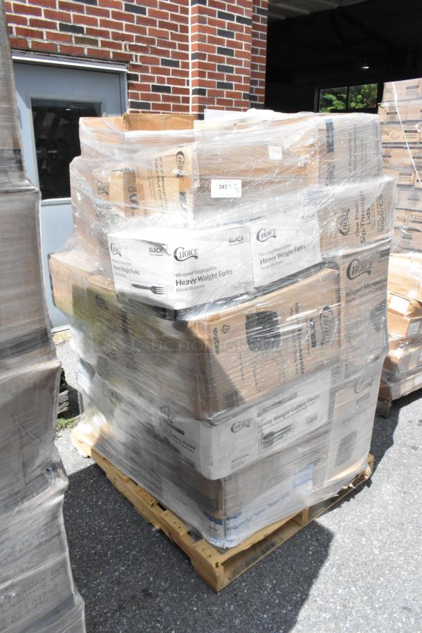 Pallet with boxed items, including Choice brand cutlery and paper products, wrapped in plastic. Scratch and dent condition.