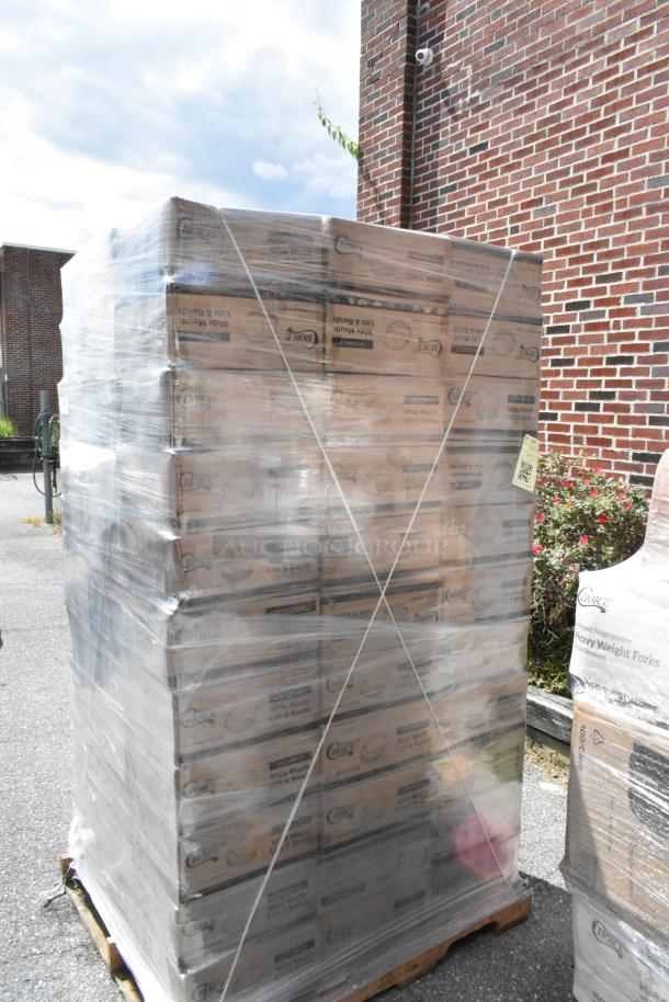 Pallet of 102 new scratch-and-dent boxes of Choice Wide Mouth Lids and Bands, 48 per pack, wrapped in plastic.